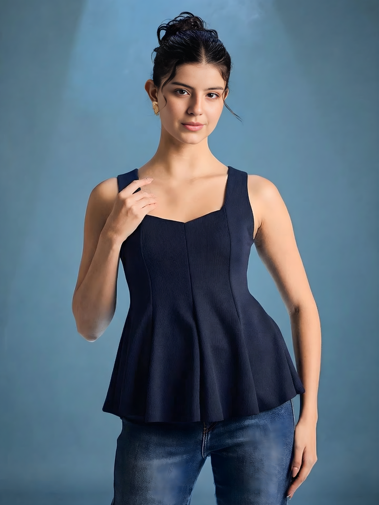 [ULSS25TP20-71-096-02] Stretchable Ribbed Peplum Top (S, Dark Blue)