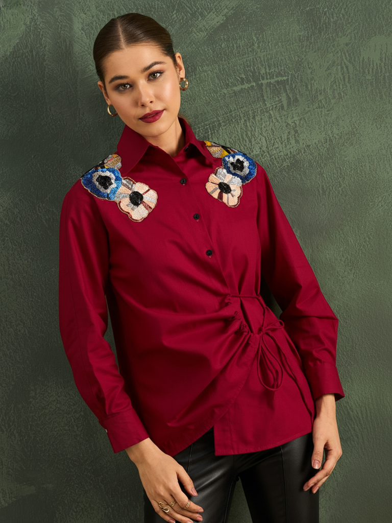 [ULSS25TP21-47-087-02] Pure Cotton Tie-Up Sequinned Shirt (S, Maroon)