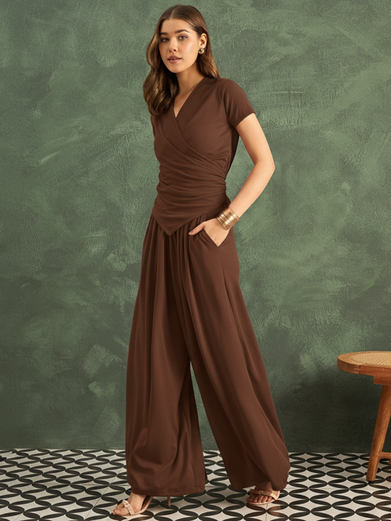 [ULSS25CM21-34-310-02] Stretchable Wrap Top & Flow Pants Co-Ord Set (S, Brown)