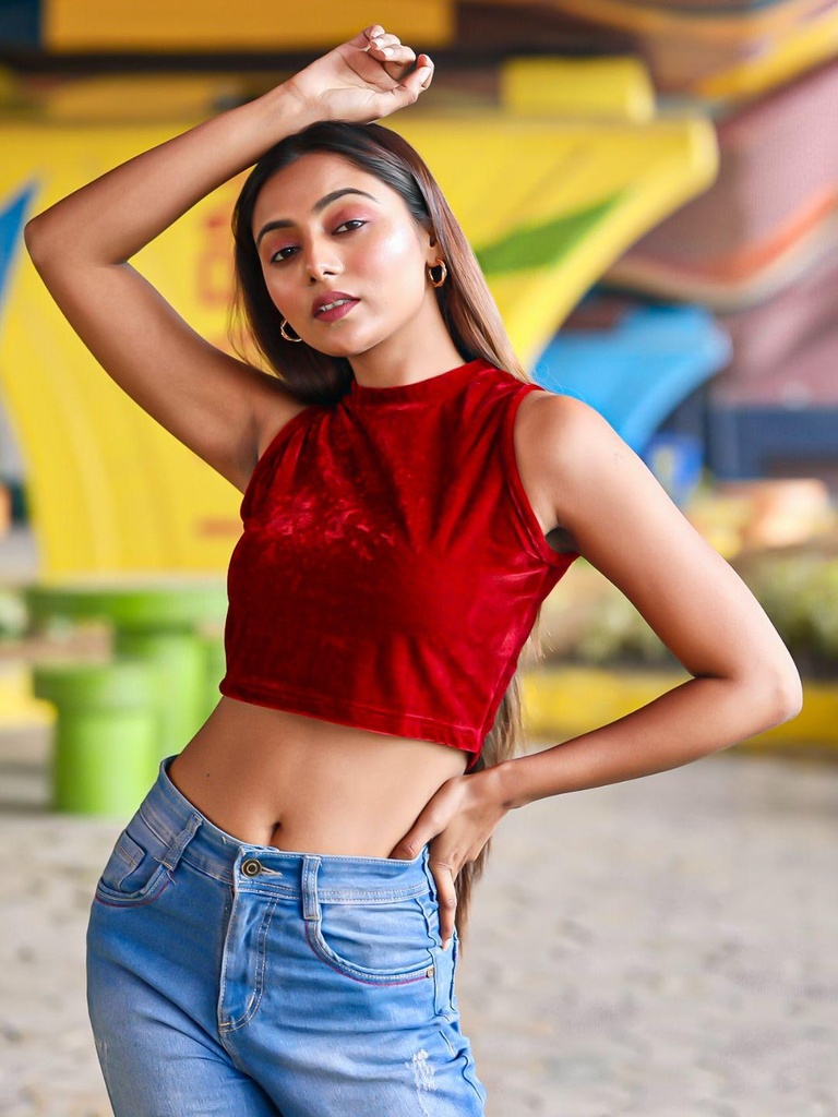[ULSS22TP12-40-087-02] Stretchable Velvet High Neck Crop Top (S, Maroon)