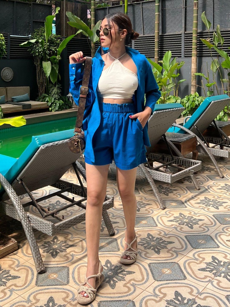 [ULSS23CM17-06-014-02] Cotton Two Piece Shorts and Shirt Set (S, Blue)