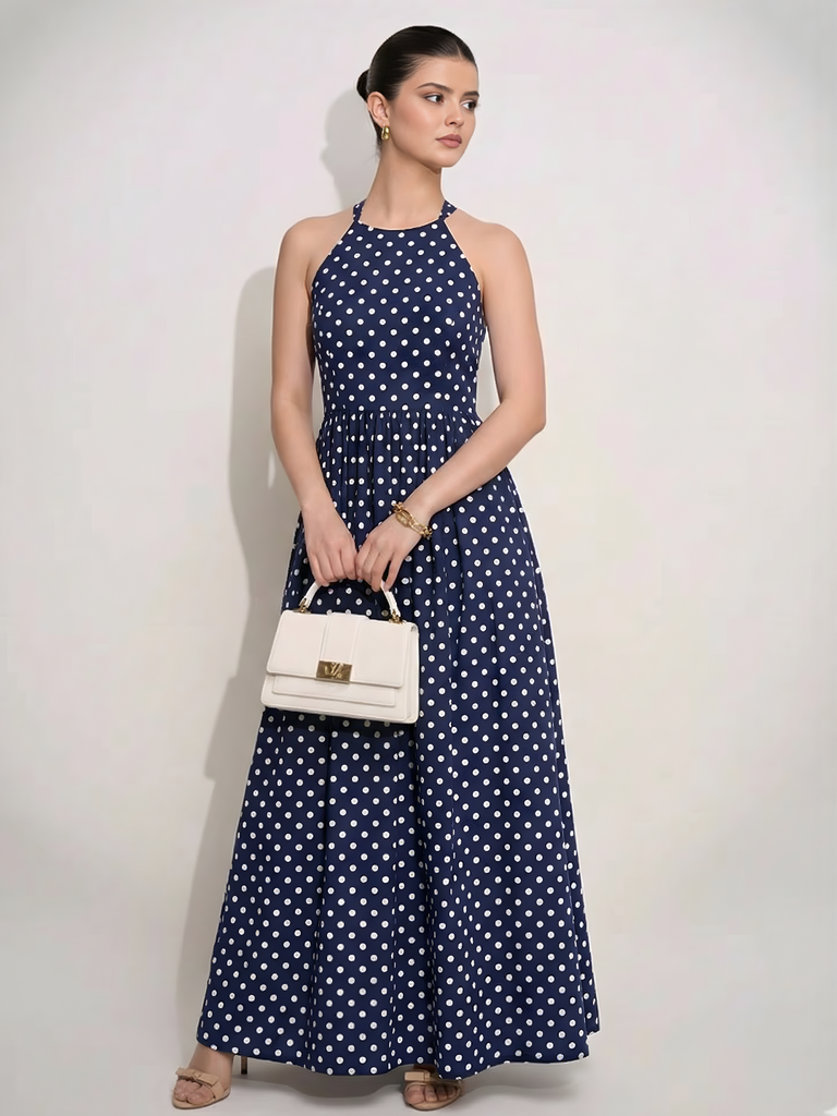 [ULSS25DR19-46-301-02] Halter Neck Cotton Maxi Dress (S, Blue Polka Print)