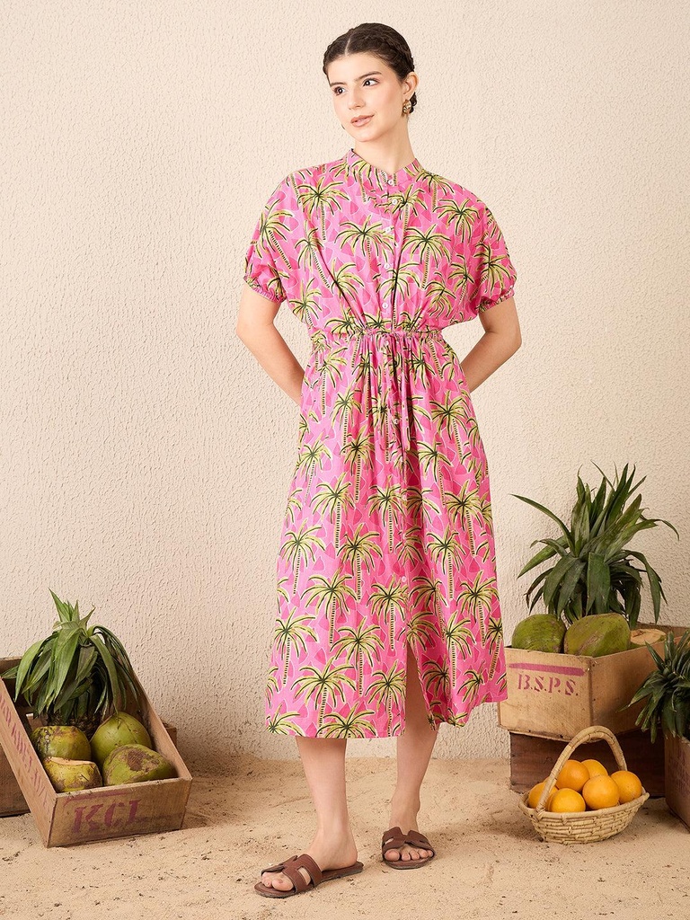 [ULSS25DR20-67-277-02] Cotton Side Waist Tie-Up Midi Dress (S, Pink)