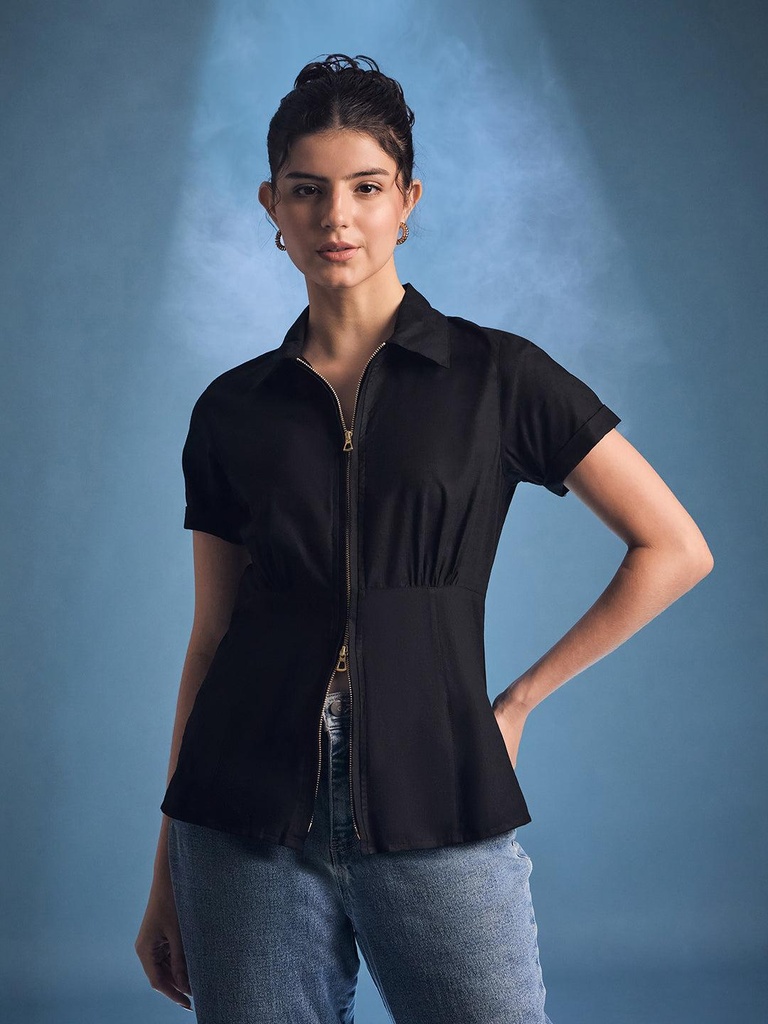 [ULSS25TP20-85-013-02] Zip-Through Fitted Cotton Top (S, Black)