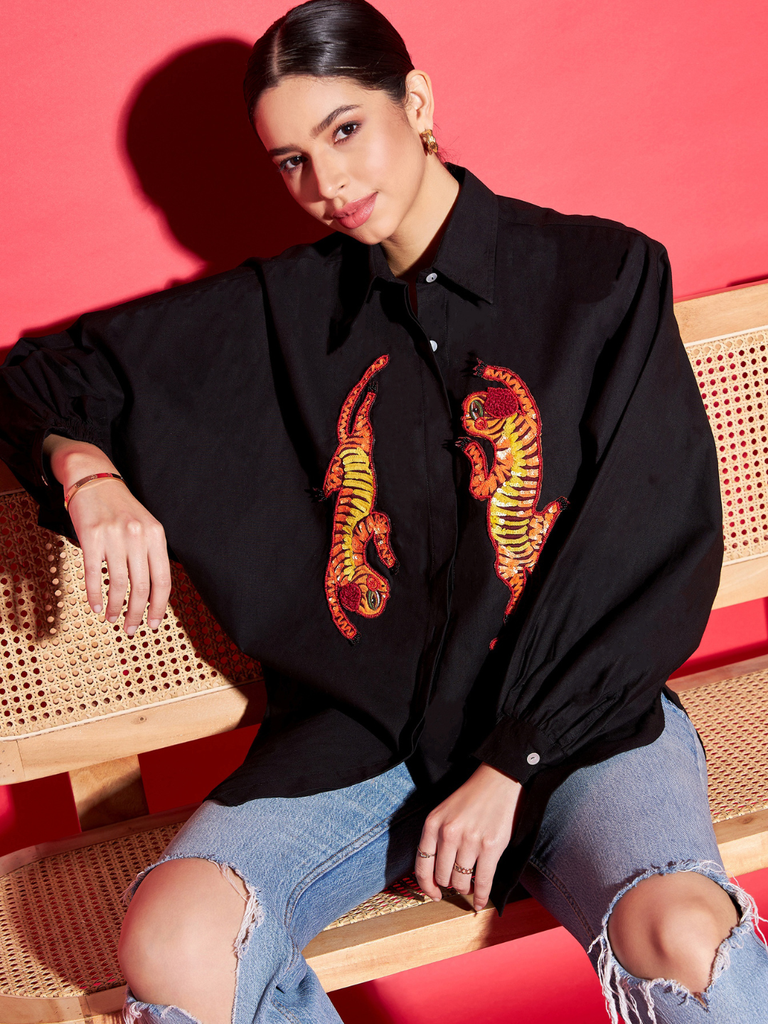 [ULSS23TP17-46-013-02] Cotton Sequinned Shirt (S, Black)