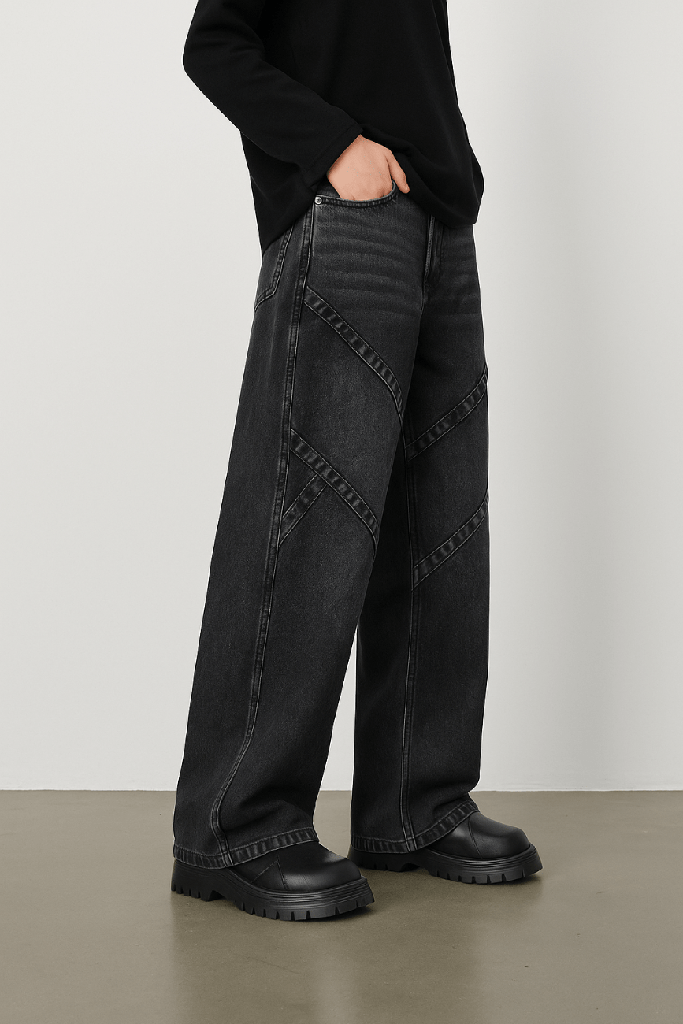 [25PNLF4_BK_S/28] Cross Pleated Wide Leg Jeans // Washed Black (S/28)