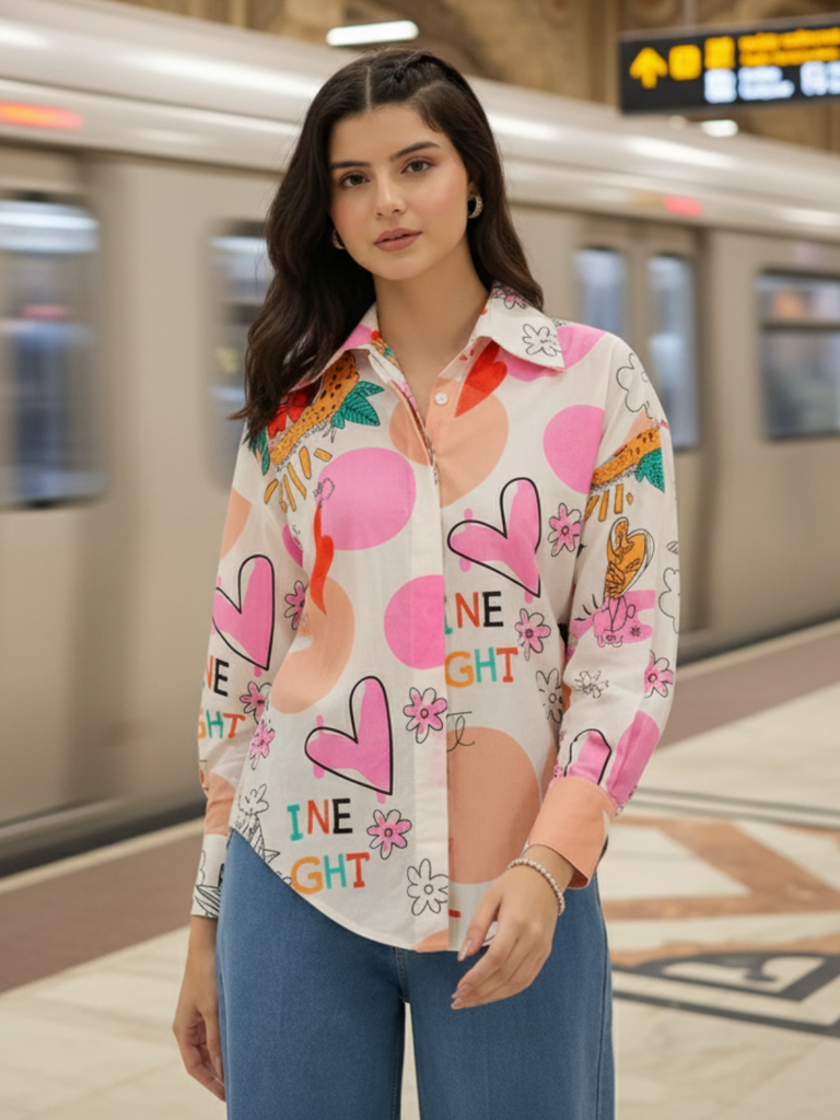 [ULSS24TP18-08-232-02] Printed Asymmetrical Cotton Shirt (S)
