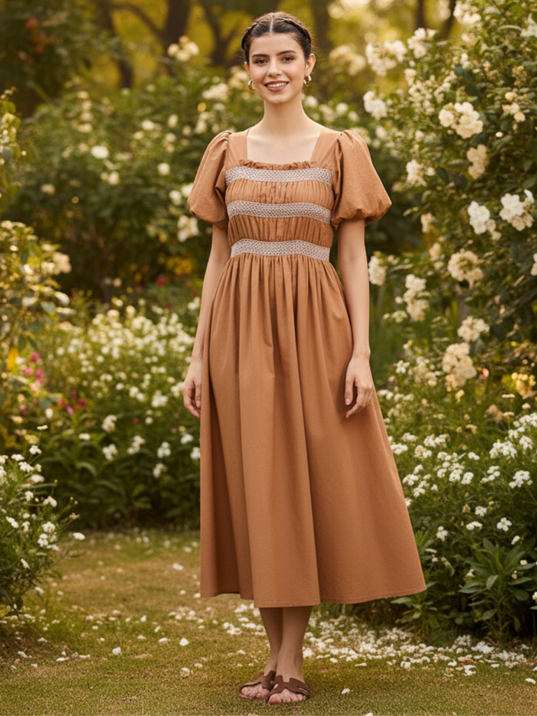 Puff Sleeve Smocked Cotton Midi Dress