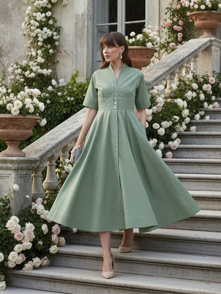 [ULSS25DR19-56-167-02] Corset Panelled Cotton Midi Dress (S, Khaki Green)
