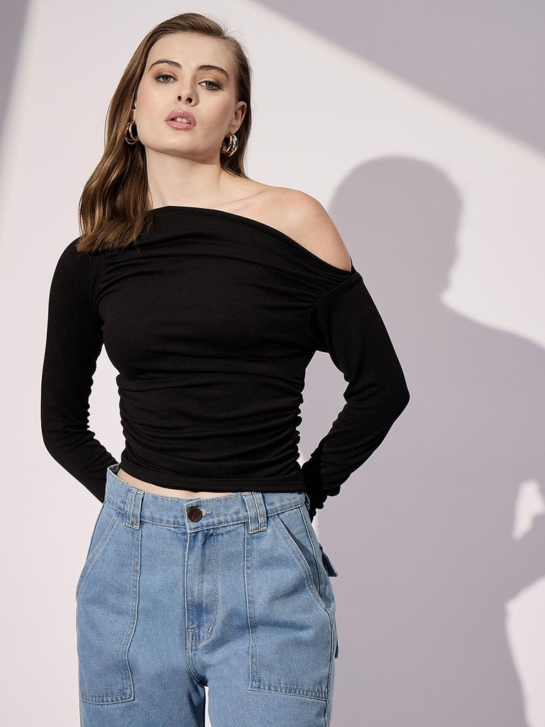 [ULSS24TP19-01-013-02] Stretchable Asymmetrical Ruched Top (S, Black)