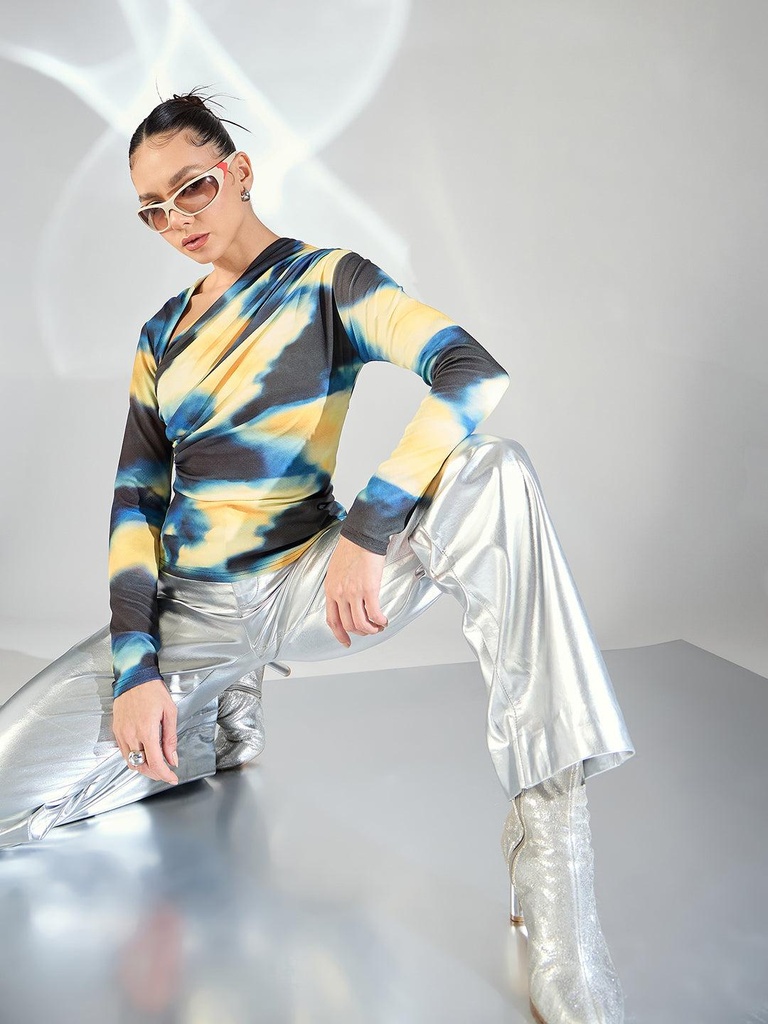 [ULSS24TP19-26-216-02] Stretchable Asymmetrical Full Sleeve Top (S, Dark Blue)