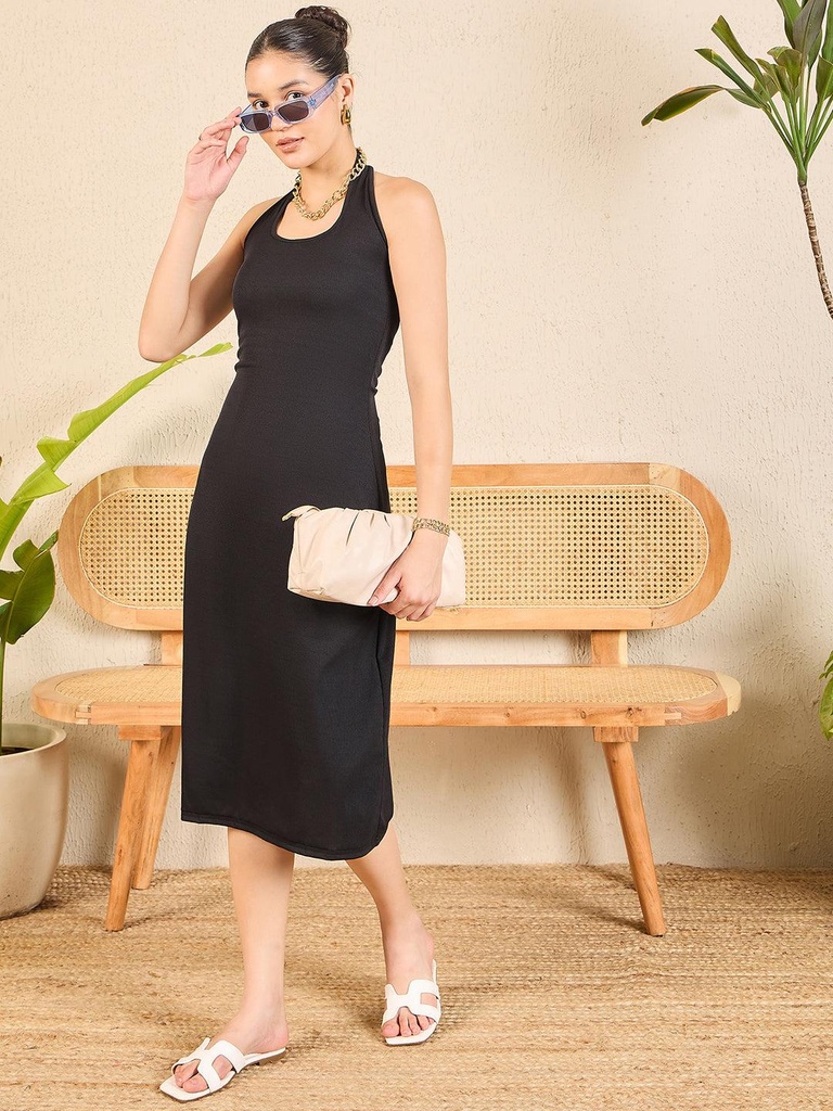 [ULSS24DR18-78-013-02] Stretchable Halter Neck Midi Dress (S, Black)
