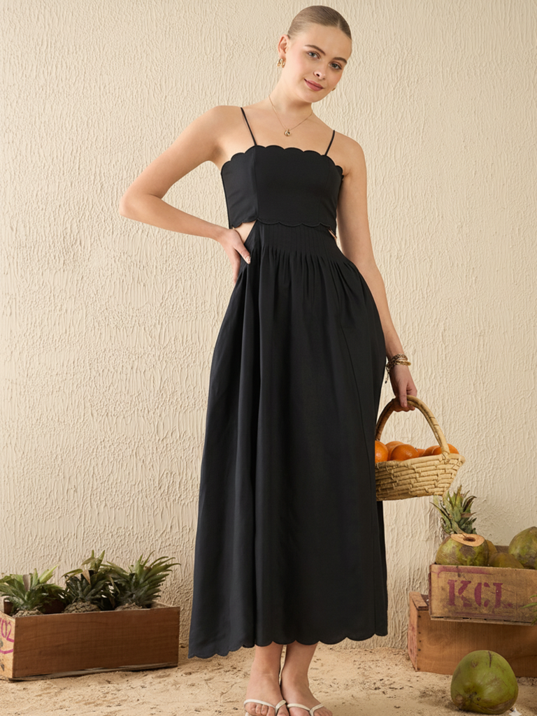 [ULSS24DR18-80-013-02] Scalloped Fit and Flare Midi Cotton Dress (S, Black)