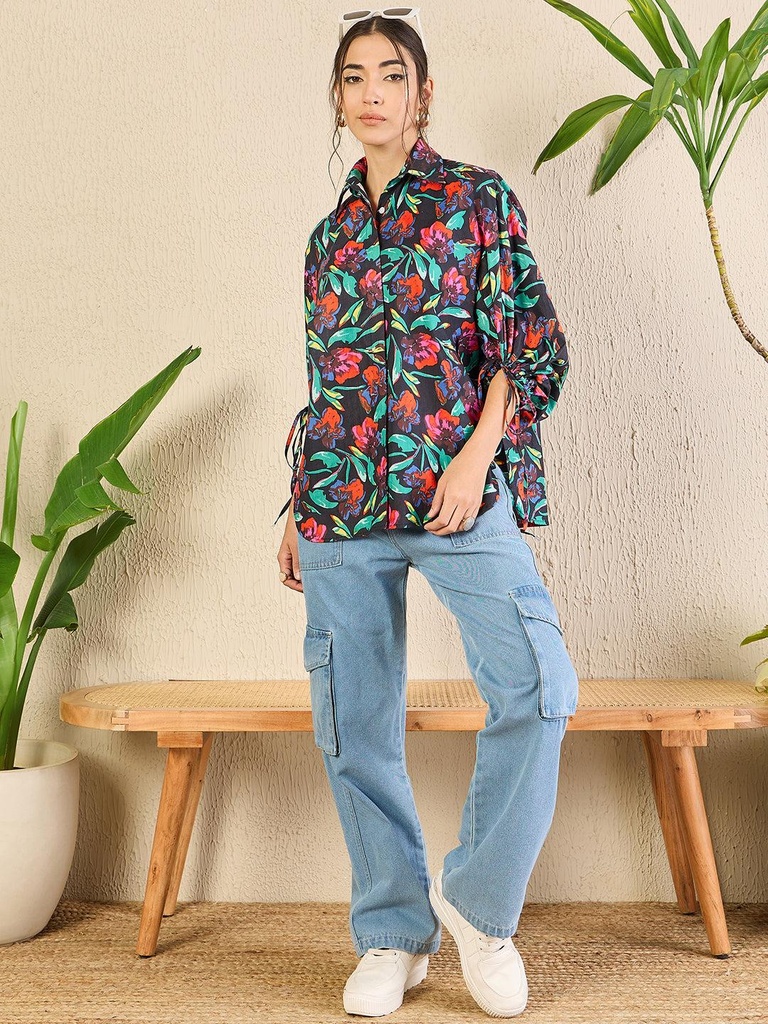 [ULSS24TP18-43-897-02] Printed Cotton Shirt with Tie Up Sleeves (S, Black)